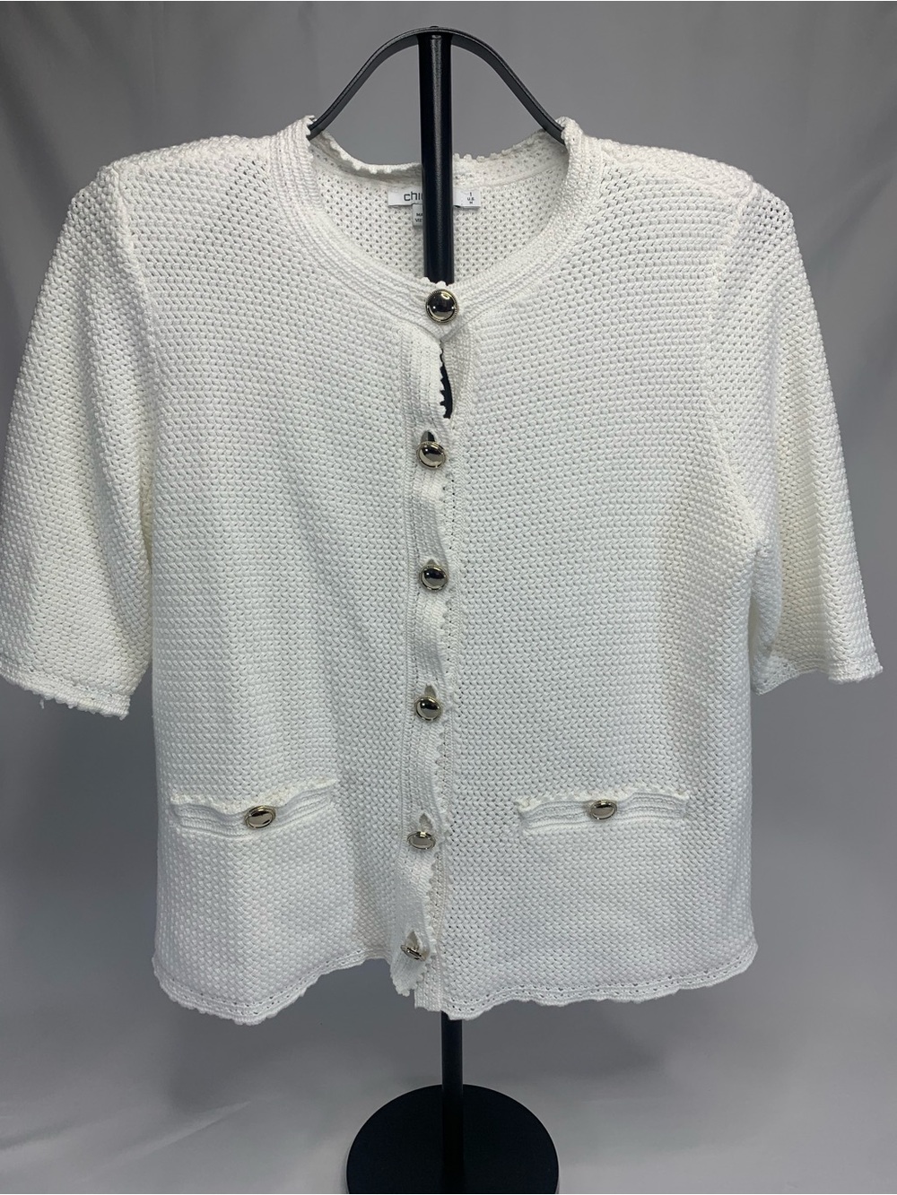 Chico's White Short-Sleeve Knit Button Cardigan